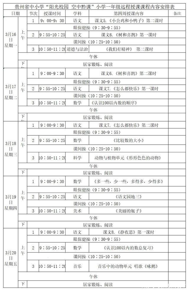 阳光校园空中黔课3月16日及3月20日全年级课程安排汇总表