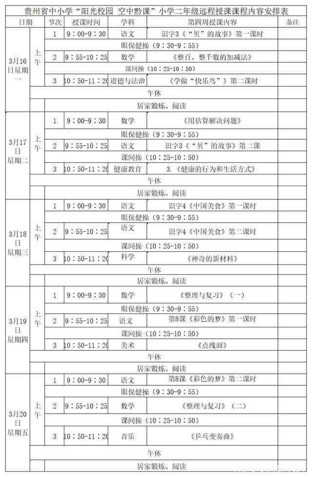 《阳光校园空中黔课》3月16日-3月20日课程表汇总