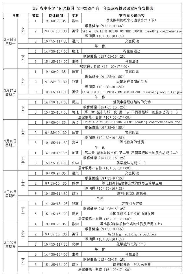 《阳光校园空中黔课》3月16日-3月20日课程表汇总